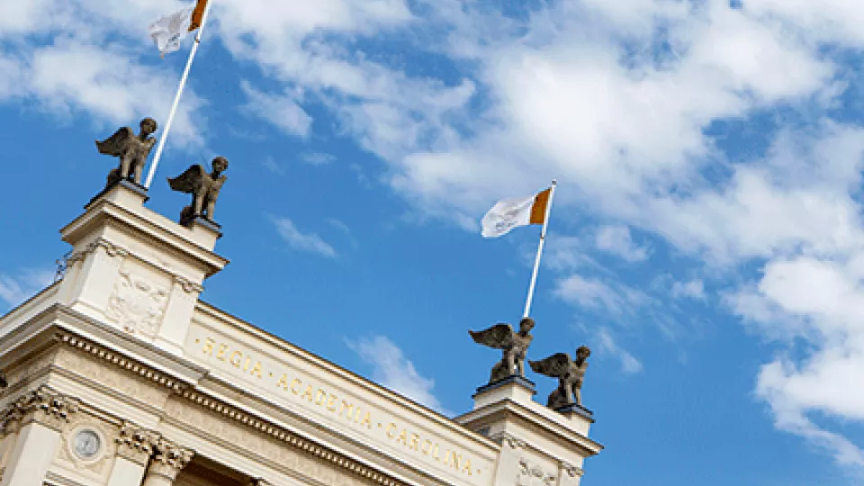 Lund University's main building with the university flags