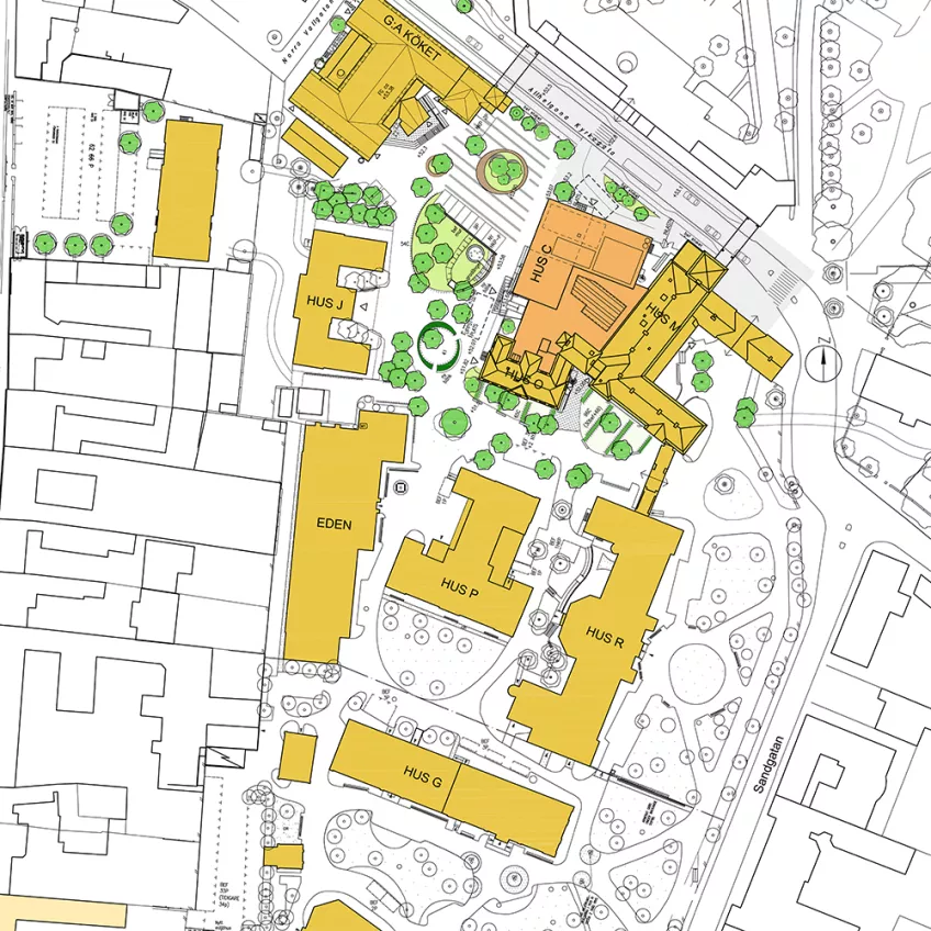 Situation plan of the Paradis quarter in central Lund. Illustration.