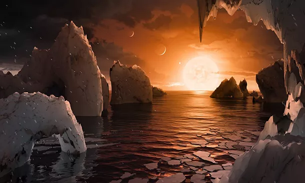 Is anyone out there? Recently, seven exoplanets were discovered, three of which have favourable conditions for water oceans in which life could occur. Illustration: NASA/JPL