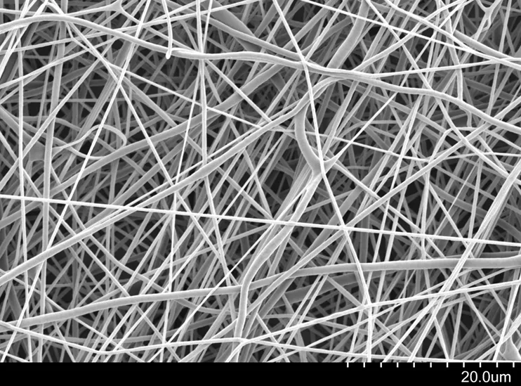 The fibres in the artificial fibre network have about the same diameter as natural collagen fibres in normal connective tissue. The structure is also sufficiently loose for the cells to be able to enter. (Picture taken with an electron microscope)