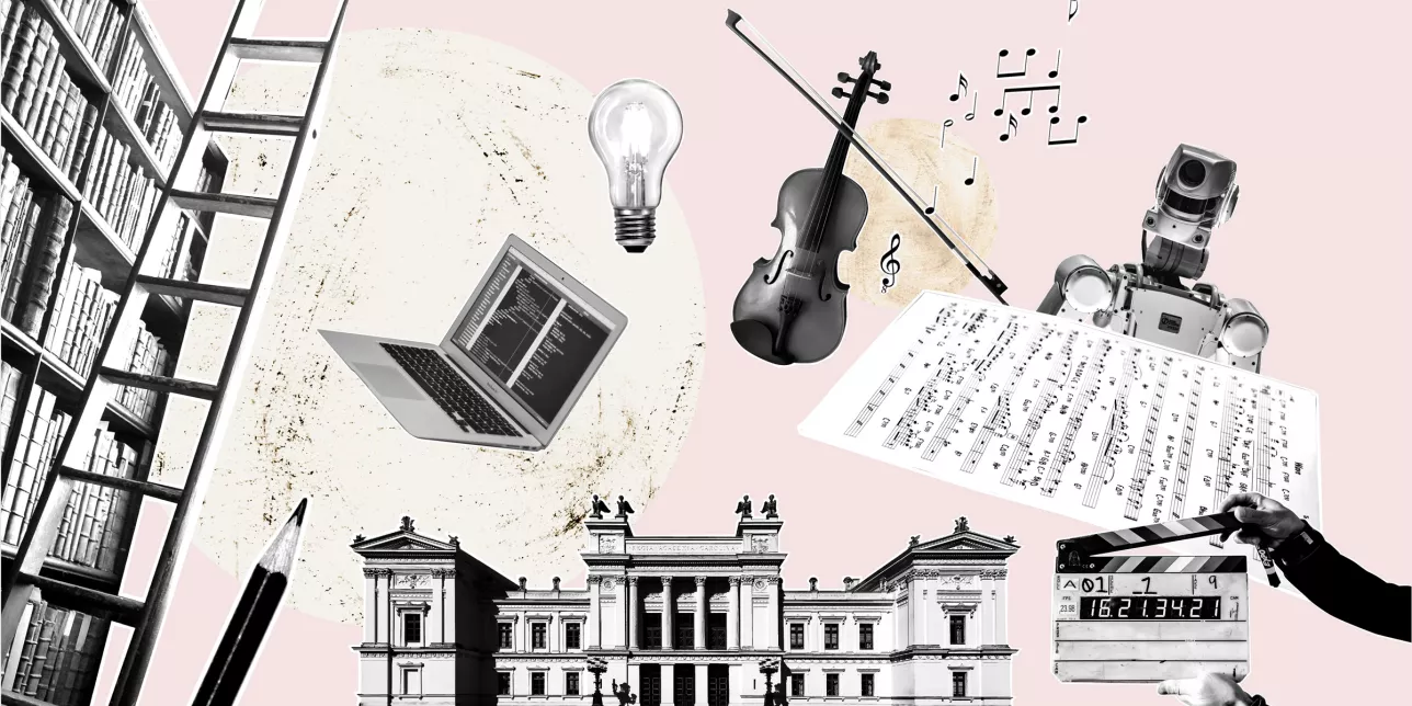 A graphic showing the Main University Building as well as cultural and scientific props such as a violin, a pencil, a robot, and books. Illustration by Catrin Jakobsson.