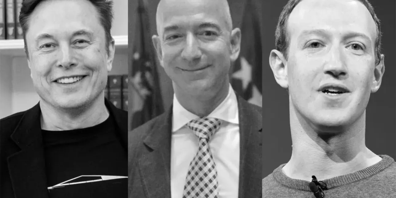 Elon Musk, Jeff Bezos and Mark Zuckerberg, part of the global economic elite (Photos: Wikicommons)