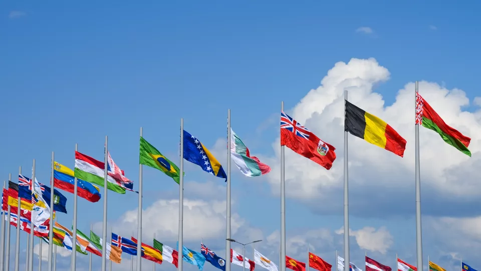 A row of flags against blue sky