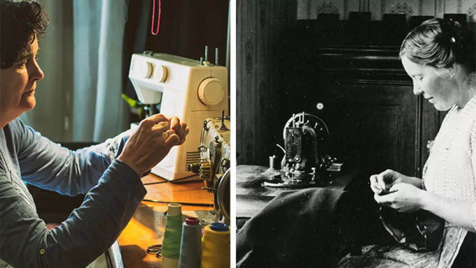 Two seamstresses at sewing machines in different time periods