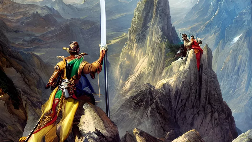 Illustration of Norse mythology; man with sword on mountain peak