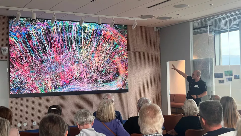 audience in front of a researcher and a big photo