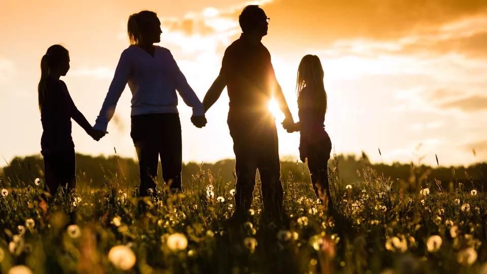 Family at sunset holding hands
