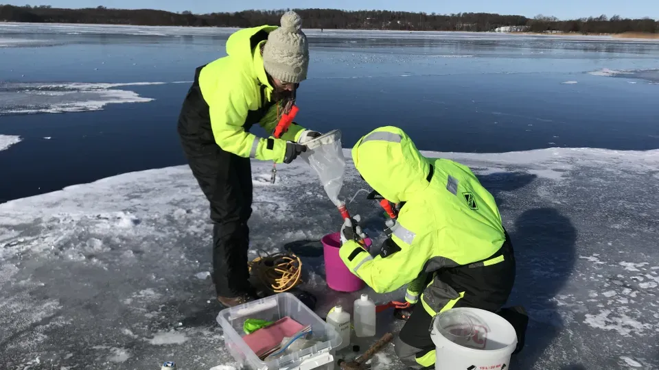 Researchers Maria Svensson Coelho and Hannah Blossom perform winter sampling of the green alga Chlamydomonas in Lake Krageholmssjön. 