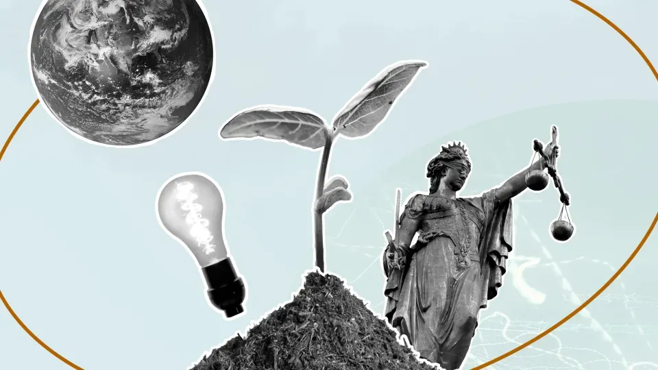 Illustration with the Earth, a light bulb, a plant and a statue