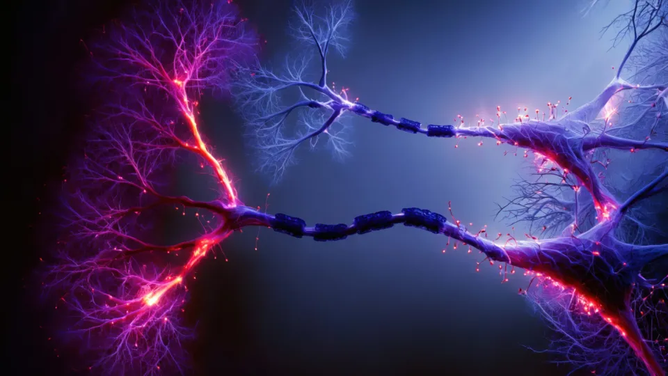 3d rendered image of Neuron cell network on black background. Photo: iStock/koto_feja