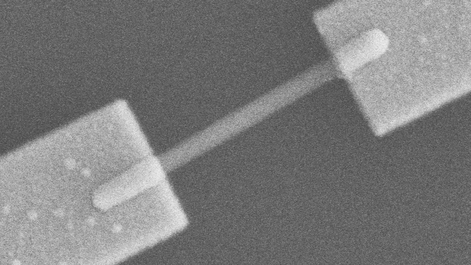 This nanowire is three micrometres long and connected to two rectangular metal contacts. Image: Lert Chayanun.