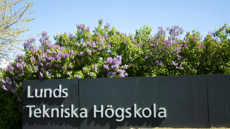 Faculty of engineering sign in summertime, with lilacs in the background