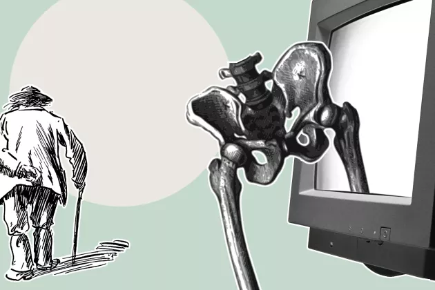 Illustration of old man, a hip and a computer screen