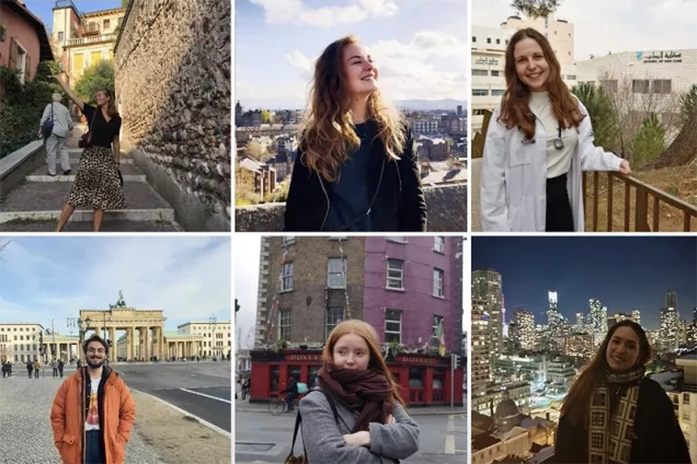 A mosaic of six pictures with students posing in urban environments abroad.