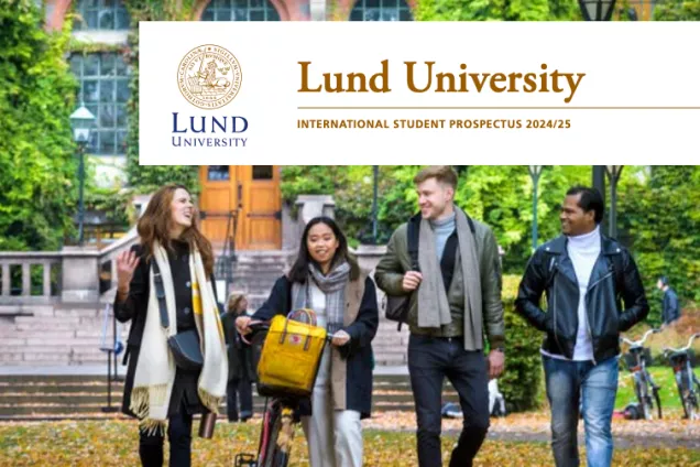 Cover of the Lund University student prospectus with a group of students in front of the Main University Library. Photo.
