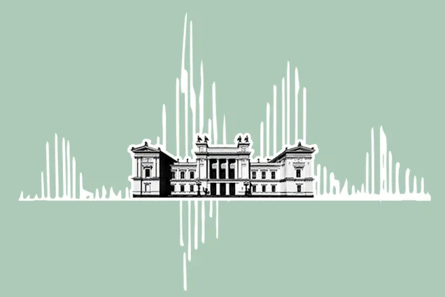The Main University Building with sound waves in the background. Illustration.