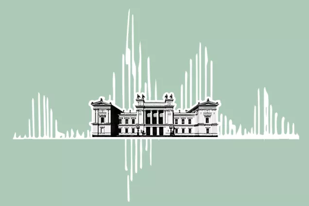 The Main University Building with sound waves in the background. Illustration. 