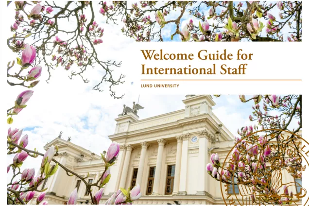 The cover of the Welcome Guide for International Staff showing the Main University Building surrounded by magnolia flowers. Photo.