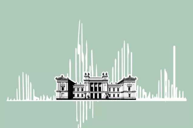 Logo of the Lund University International Podcast. Illustration of the main building.