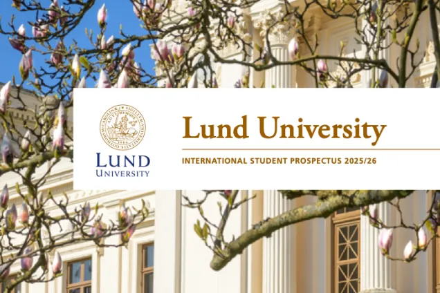 A part of the Lund University International Prospectus cover, showing a white building and flowers.