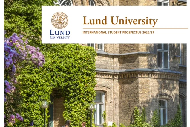 Cover photo of the prospectus: three students walking together on Lund University’s sunny campus. Photo.