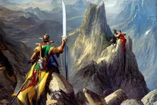 Illustration of Norse mythology; man with sword on mountain peak