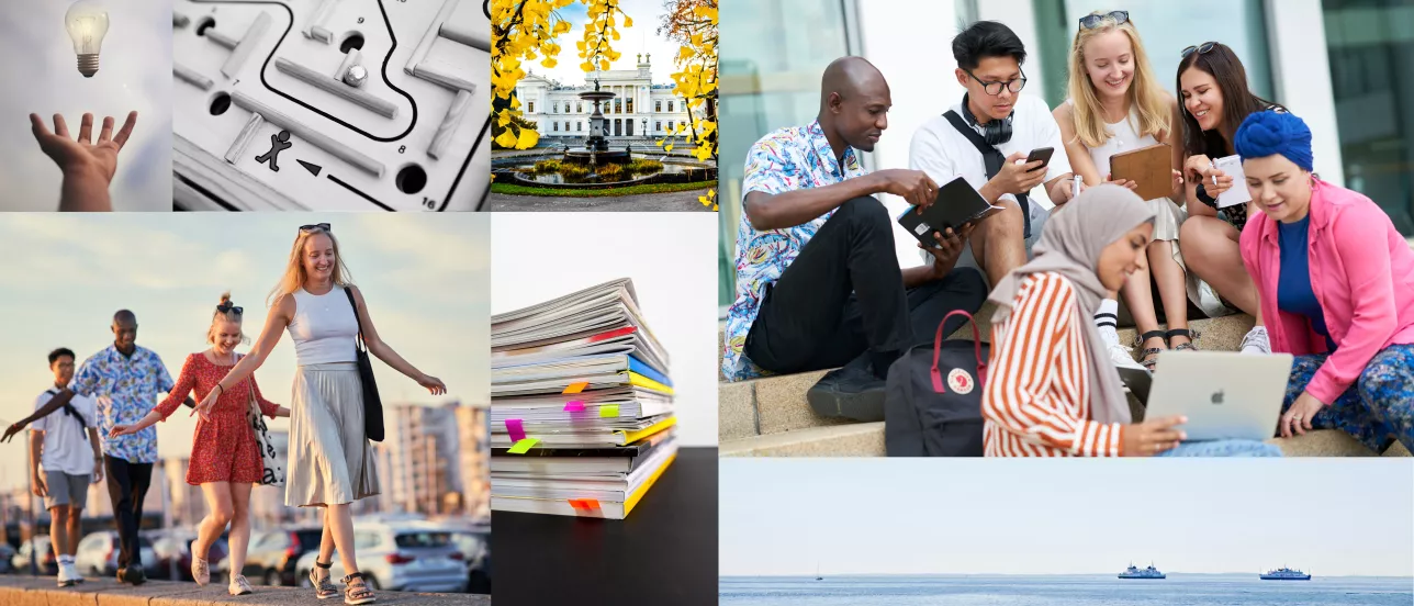 A collage of pictures of students, books and buildings on campus 