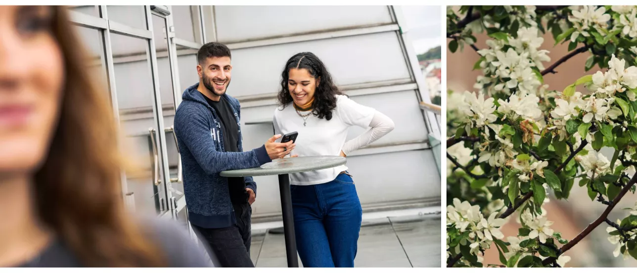 A collage of three students looking talking and a picture of flowers. Photo.