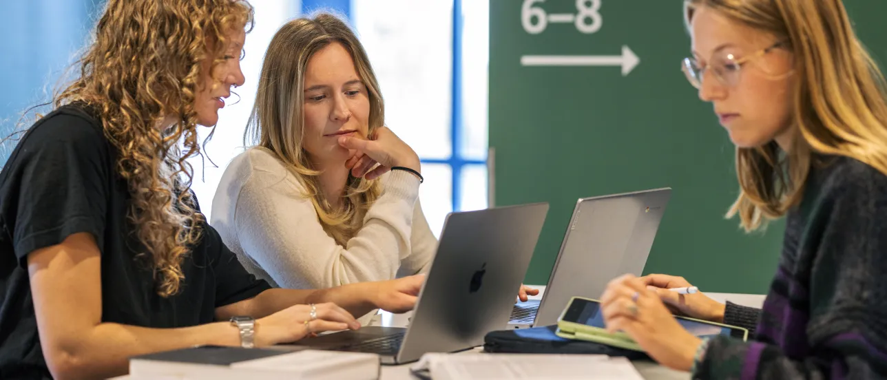 Students with laptop sitting around a table. Photo