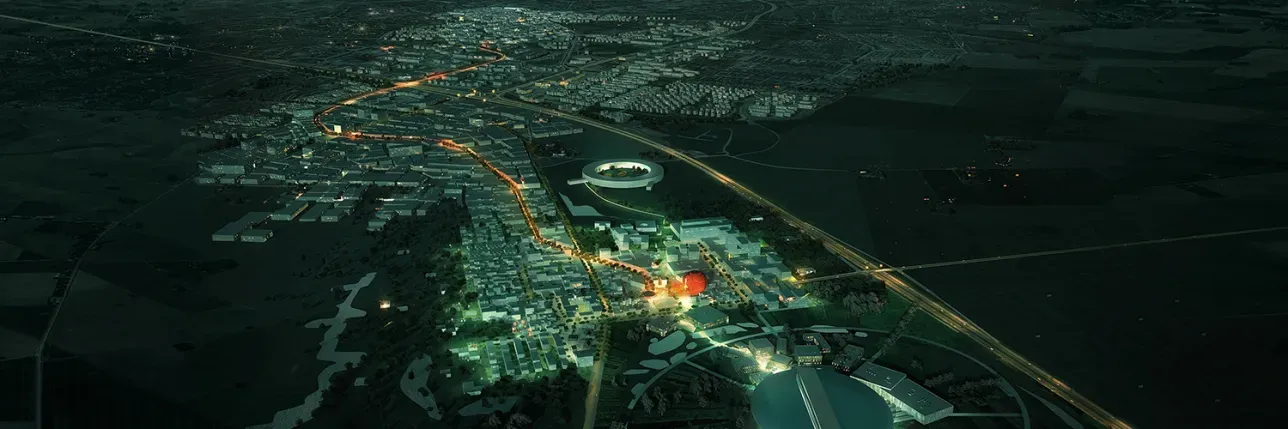 Lund innovation district at night. Illustration.