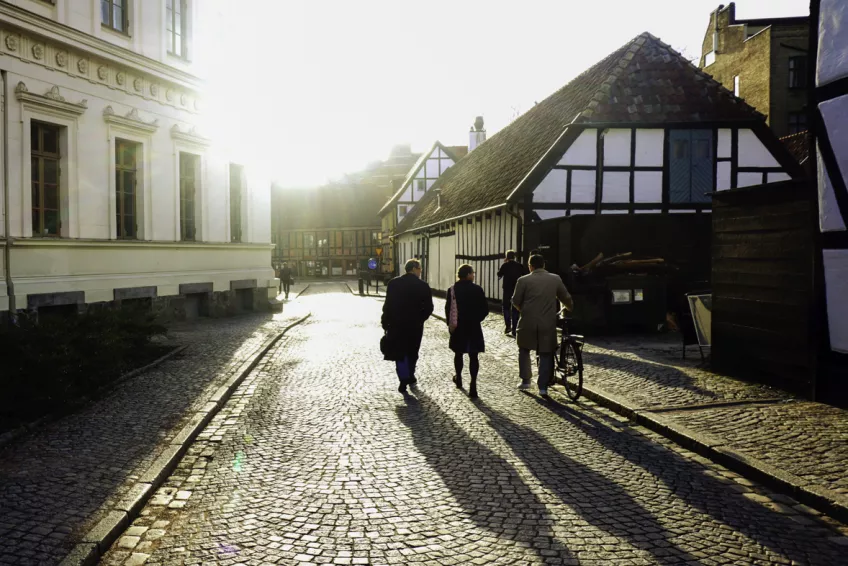 People walking in the sunlit street next to the Main University Building