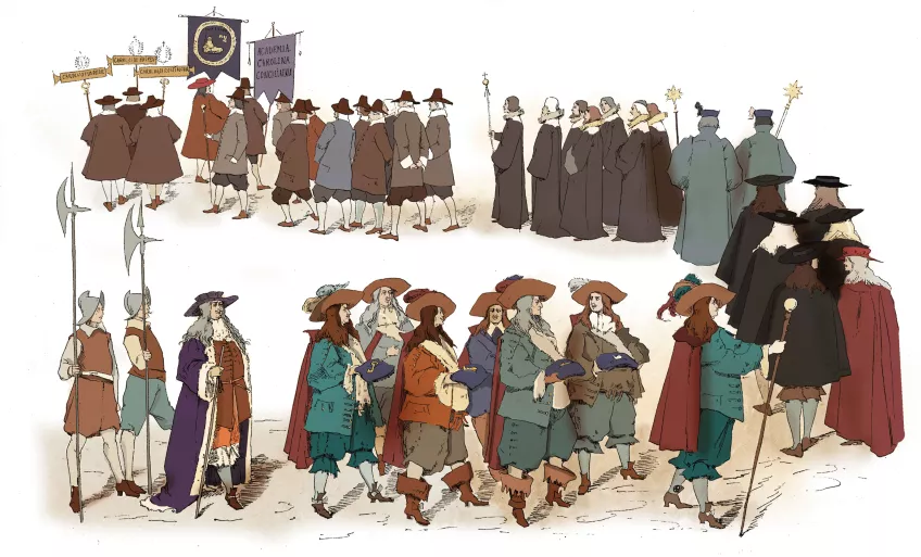 A historical drawing of the inauguration procession in 1668