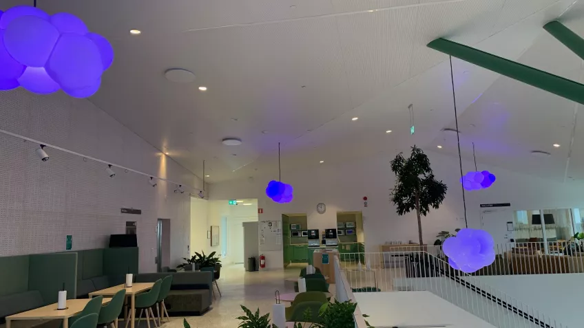 Forensic psychiatric center in Trelleborg with installation consists of cloud shapes hanging from the ceiling