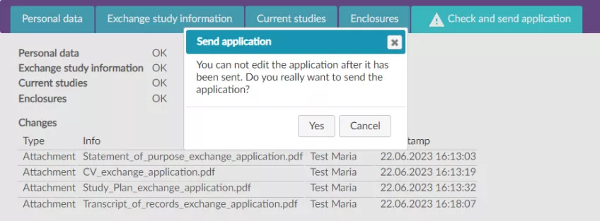 A print screen of a page in the SoleMove system where you check and send the application.
