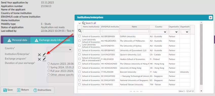 A print screen of the page in the SoleMove system where you fill in exchange study information.