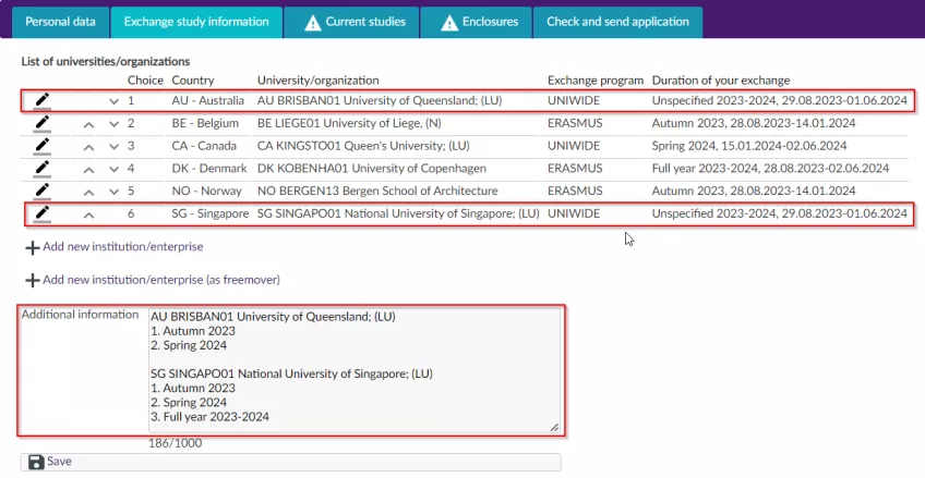 A print screen of a page in the SoleMove system where you fill in exchange study information.