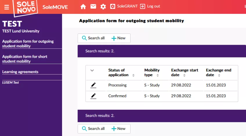 Application overview in the SoleMove application system. Screenshot.
