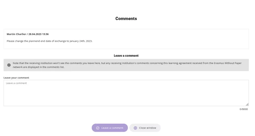 A view in the SoleMove application system where the coordinator can post comments. Screenshot. 