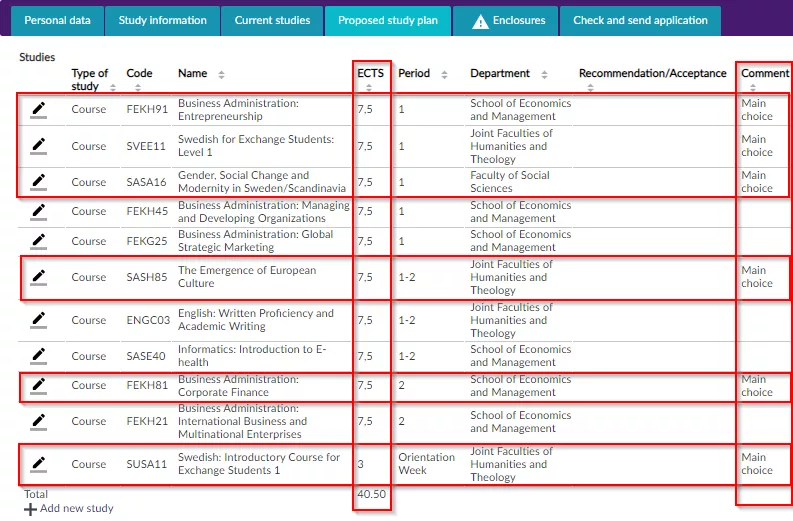 A print screen of the page in the SoleMove system where you select alternative choice courses.