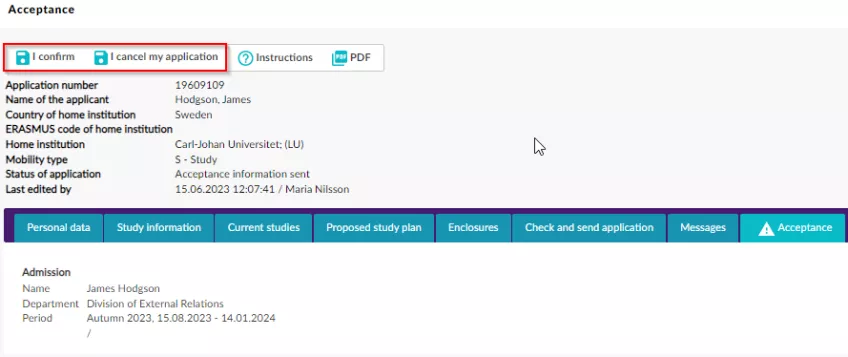 A print screen of the page in the SoleMove system where you check and submit your application.