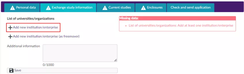 A view in SoleMove where you can add new institutions. Screenshot.