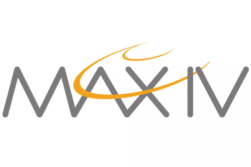 Logo with the text MAX IV with an illustration of light beams moving in a circle. Graphics.