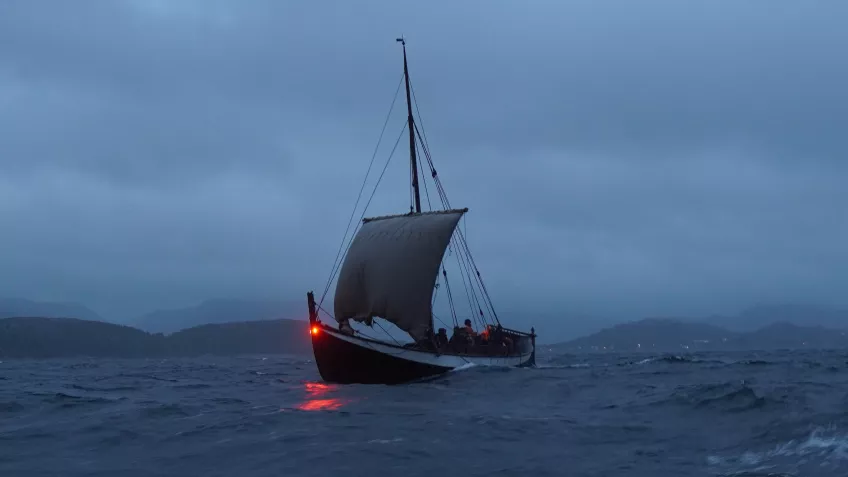 Sailing at night in one of the larger expeditionary vessels likely used by the Norse to harvest walrus ivory at the North Water Polynya in High Arctic Greenland.   