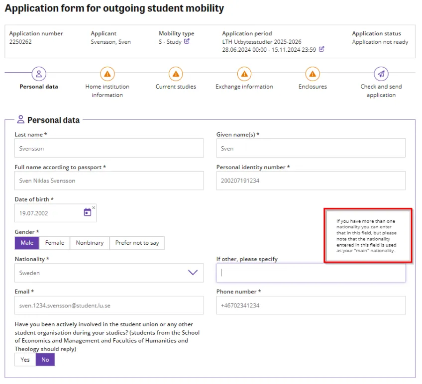 Personal data in SoleMove. Screenshot.