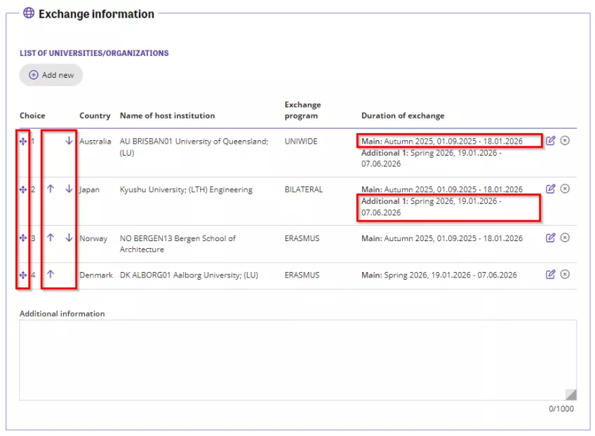 List of universities in SoleMove. Screenshot.