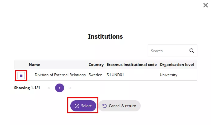 A printscreen of the Solemove system showcasing the tab where you select institution.