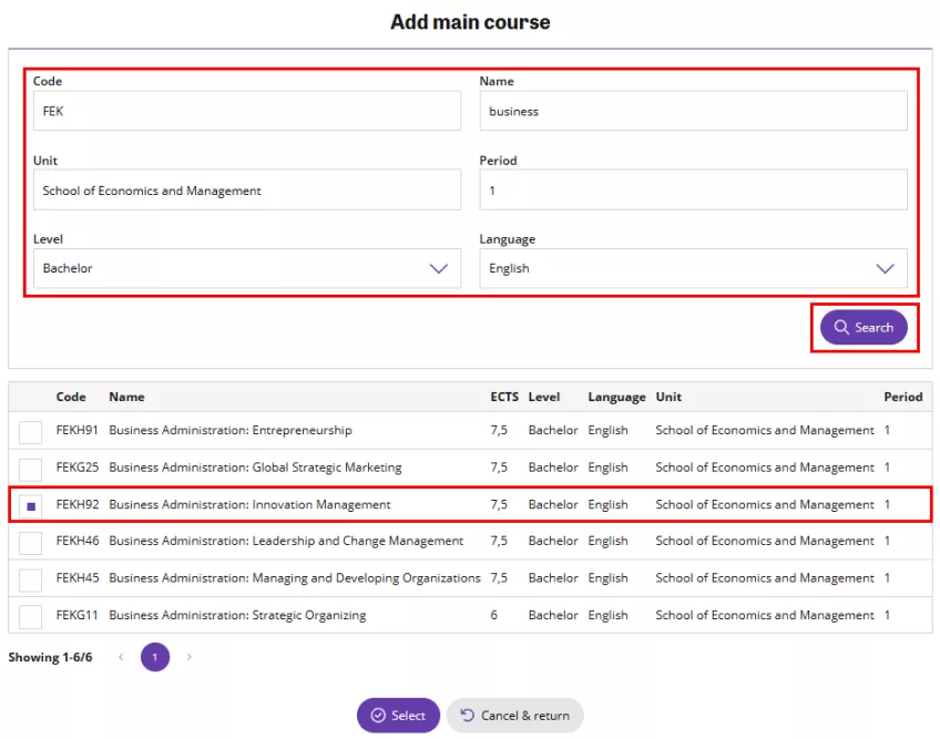 A printscreen of the Solemove system showcasing the tab where you add your main course(s).