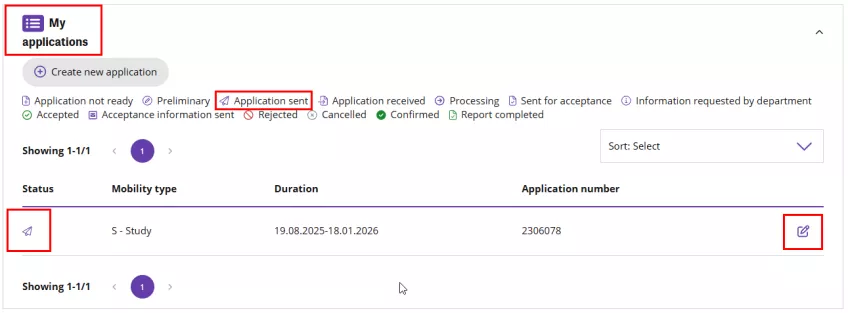 A printscreen of the Solemove system showcasing the Application sent status.