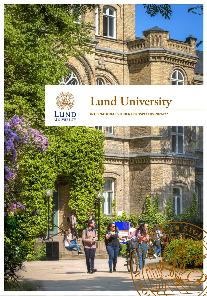 Cover photo of the prospectus: three students walking together on Lund University’s sunny campus. Photo.