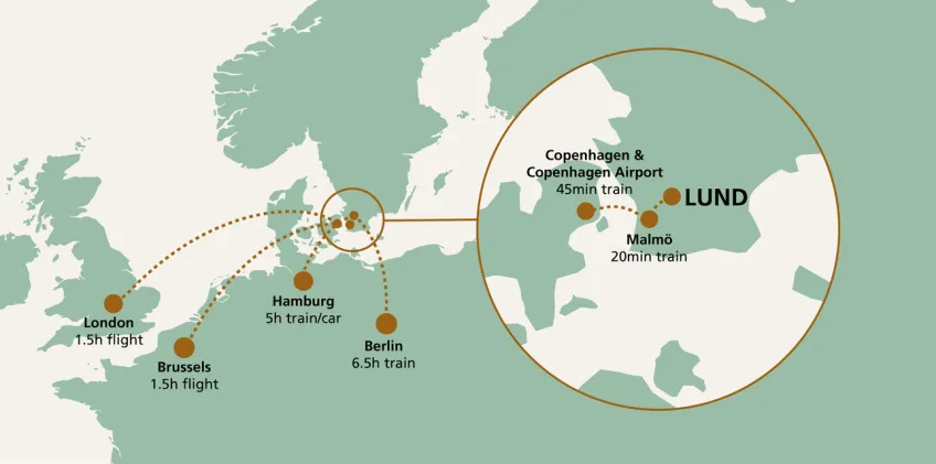A map of Lund's location in Europe. Illustration.
